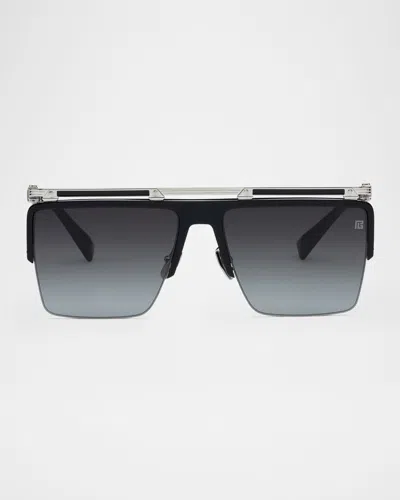Balmain Triomphe Rectangle Sunglasses In Black Silver