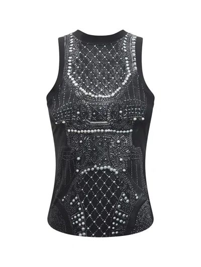 Balmain Pearl Crystal Trompe Loeil Tank Top In Blk White