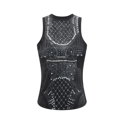Balmain Pearl Crystal Trompe Loeil Tank Top In Blk White