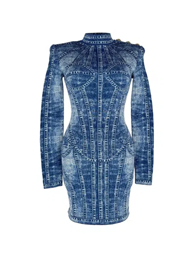 Pre-owned Balmain Trompe L'œil Jacquard Dress In Blue