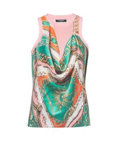 Balmain Trompe-l'œil-style  Foulard Print Vest Top