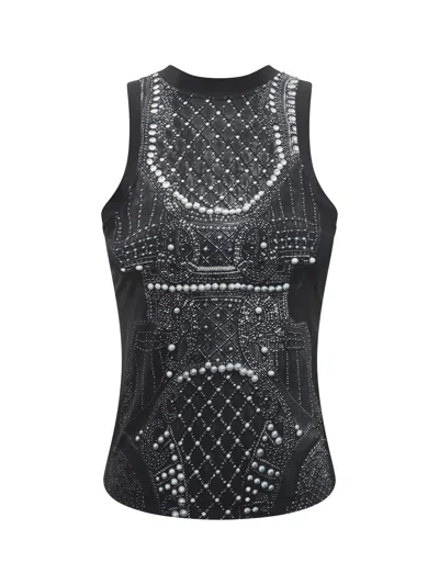 Balmain Pearl Crystal Trompe Loeil Tank Top In Blk White