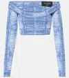 Balmain Denim Print Off-shoulder Cropped Top In Bleu Jean