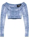 Balmain Denim Print Off-shoulder Cropped Top In Blau