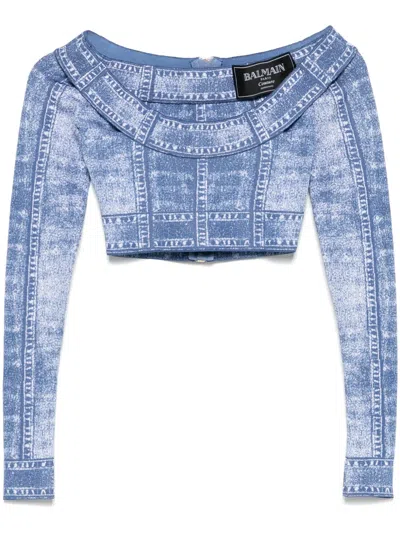 BALMAIN TROMPE L'OEIL-PRINT CROP TOP