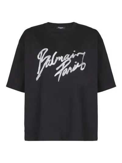 Balmain T-shirt With  Paris Brush Print In Black
