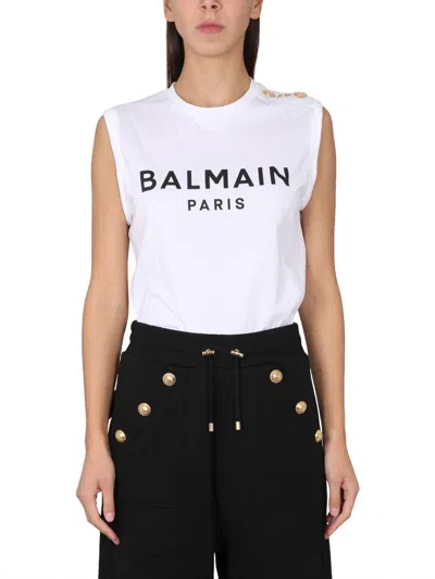 Balmain Logo Printed Sleeveless Top In White