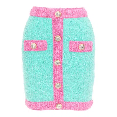 Pre-owned Balmain Turquoise Pink Gold Button Embellished Boucle Skirt Fr34 Xs