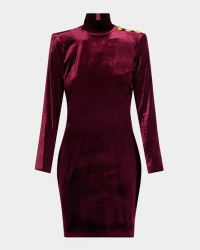 Balmain Turtleneck Button-shoulder Velvet Mini Dress In Red
