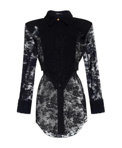 Balmain Tweed And Lace Plastron Shirt In Black