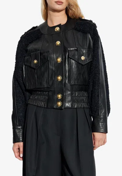 Balmain Tweed And Leather Bomber Jacket In Black