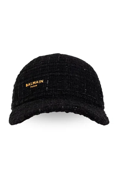 Balmain Tweed Baseball Cap In Black