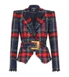 Balmain Belted Plaid Tweed Jacket In Multi