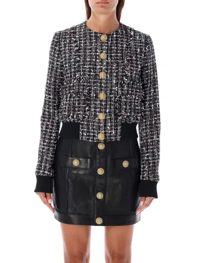 Balmain Buttoned Metallic Tweed Bomber Jacket In Black