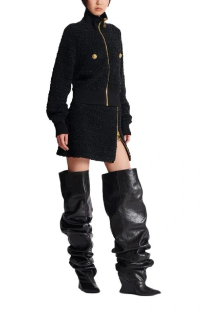 Balmain Tweed Bomber Jacket In Black