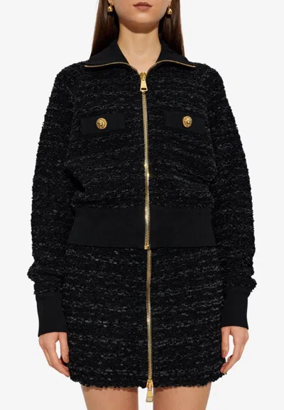 Balmain Tweed Bomber Jacket In Black