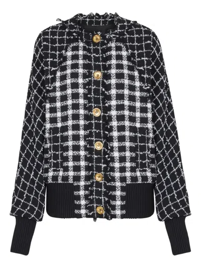 Balmain Tweed Button Bomber Jacket In Black