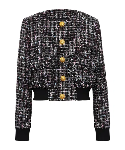 Balmain Buttoned Metallic Tweed Bomber Jacket In Black