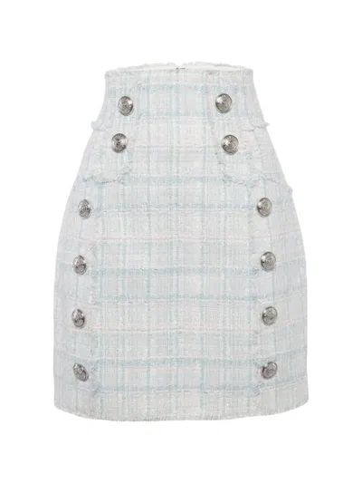 Pre-owned Balmain Tweed Button-detail High-waisted Mini Skirt In Blue
