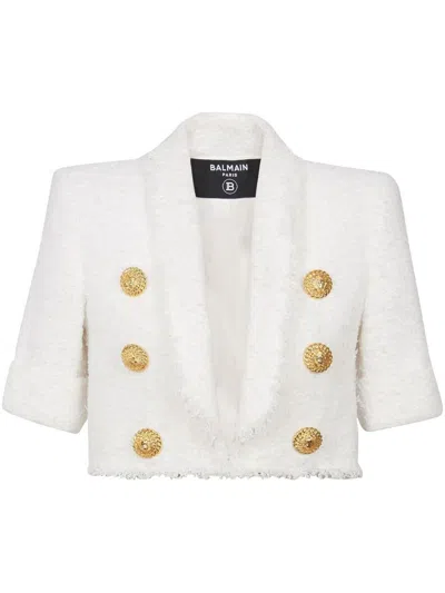 Balmain Cropped Double-breasted Jacket With Gold Button Accents And Textured Finish In White