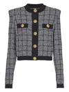 Balmain Cropped Tweed Check Cardigan Gold Buttons In Black