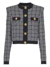 Balmain Cropped Tweed Check Cardigan Gold Buttons In Black
