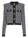 Balmain Cropped Tweed Check Cardigan Gold Buttons In Black