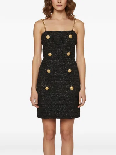 Pre-owned Balmain Tweed Chain-strap Mini Dress In Black