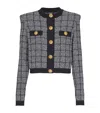 Balmain Cropped Tweed Check Cardigan Gold Buttons In Gray