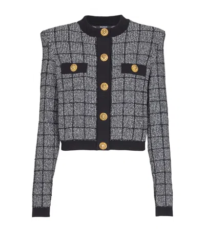 Balmain Tweed Check Cardigan In Gray