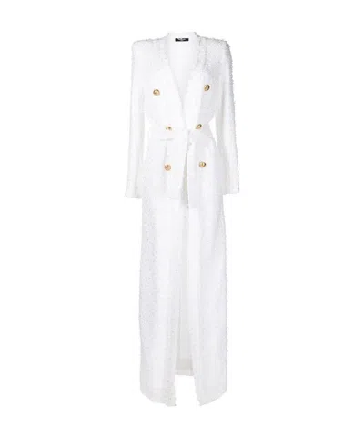 Balmain Tweed Coat With Girdle In White