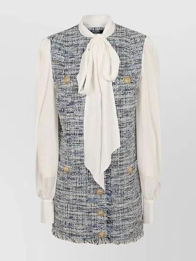 Balmain Tweed Crepe Dress With Bow Tie Neck In Gray