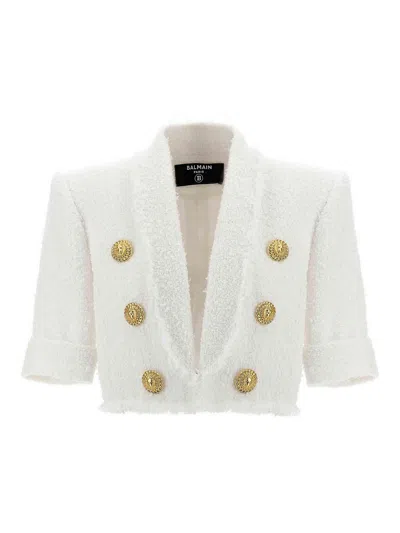 Balmain Tweed Crop Jacket In White