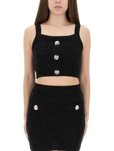 Balmain Tweed Crop Top In Black