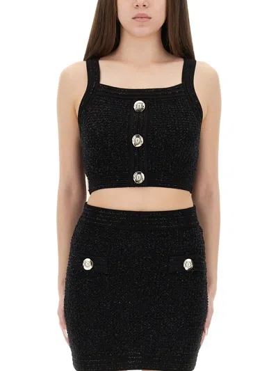 Balmain Cropped Top In Tweed Fabric In Black