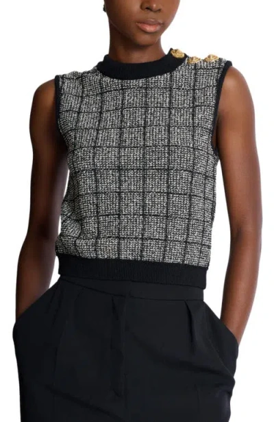 Balmain Tweed Knit Round-neck Pullover With Lion-head Button Placket In Multi