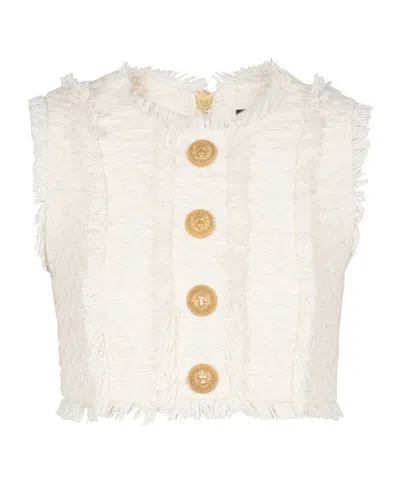 Balmain Tweed Crop Top With Buttons In White