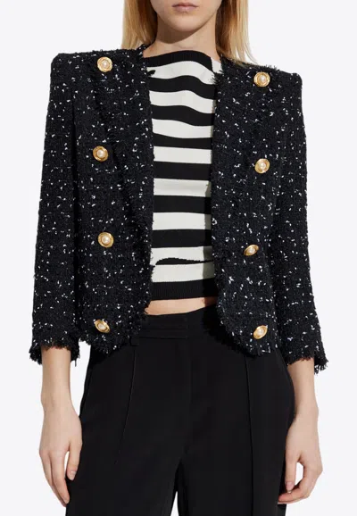 Balmain Cropped 8-button Jacket In Polka-dot Tweed In Black