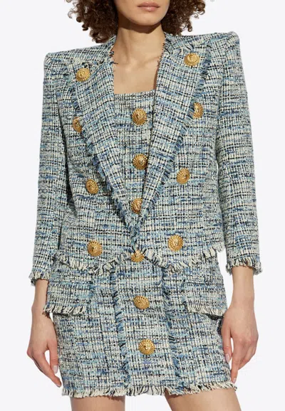 Balmain Tweed Cropped Blazer In Blue