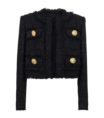 Balmain Cropped Button-embellished Frayed Metallic Tweed Blazer In Black