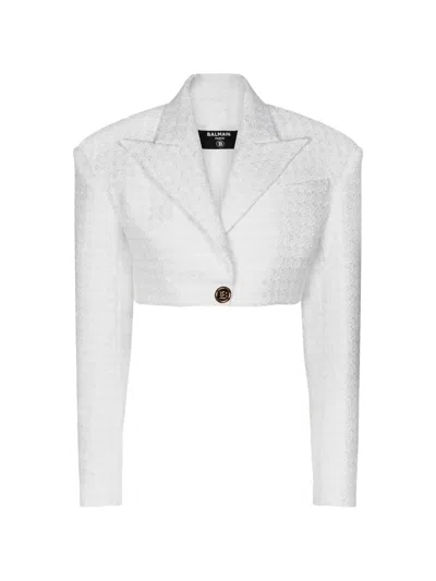 Pre-owned Balmain Tweed Cropped Jacket In White