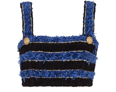 Balmain Striped Tweed Crop Top In Black