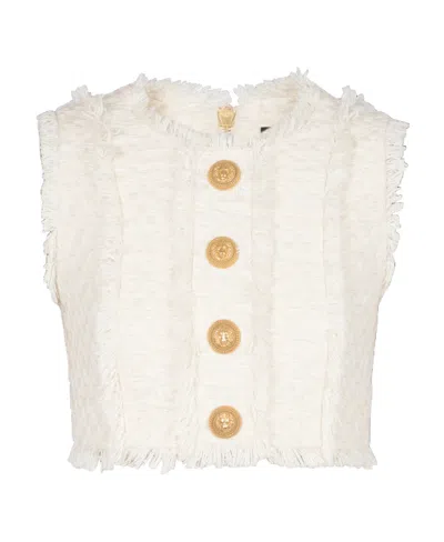 Balmain Cropped Button-embellished Frayed Cotton-blend Tweed Top In White