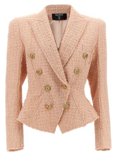 Balmain Tweed Double Breasted Blazer In Green