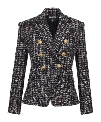 Balmain Tweed Jacket Structured Cinched Waist In Noir/multico