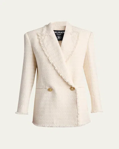 Balmain Tweed Double-breasted Blazer Jacket In White