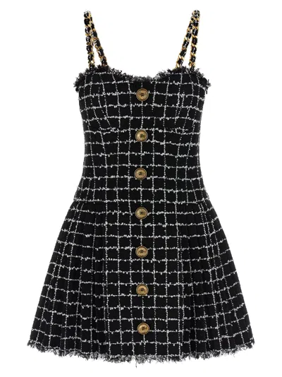 Balmain Buttoned Check Tweed Chain-strap Mini Dress In Black