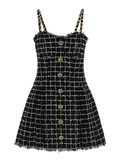 Balmain Buttoned Check Tweed Chain-strap Mini Dress In Black