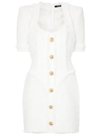 Balmain Embossed Button Short Dress In White