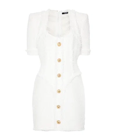 Balmain Embossed Button Short Dress In White